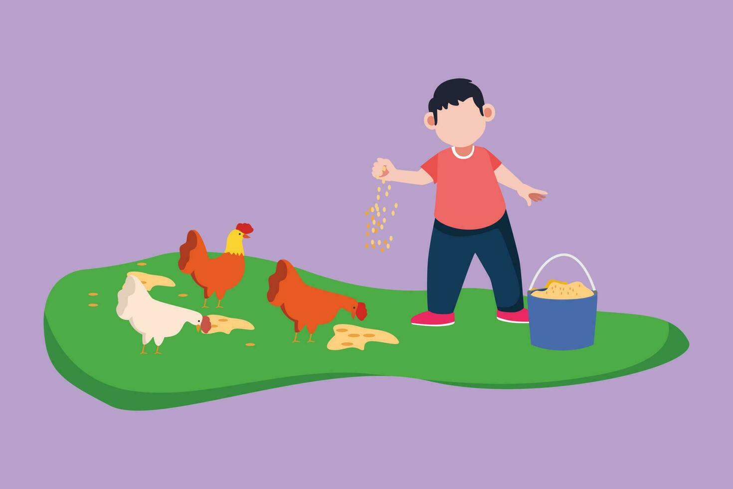 Cartoon flat style drawing adorable little boy feeding chicken on chicken farm. Cheerful kids farmer feeding rooster, hen and little chickens. Children farmer life. Graphic design vector illustration