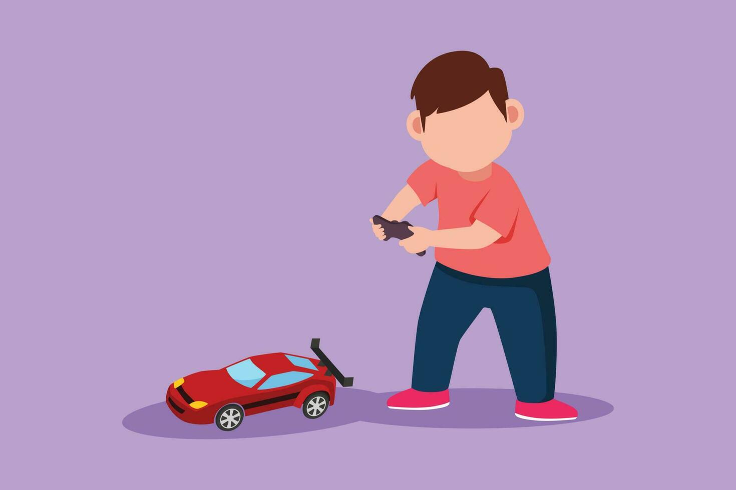 Cartoon flat style drawing happy little boy playing with remote controlled racing car. Cheerful kids playing with electronic toys car with remote control in hands. Graphic design vector illustration