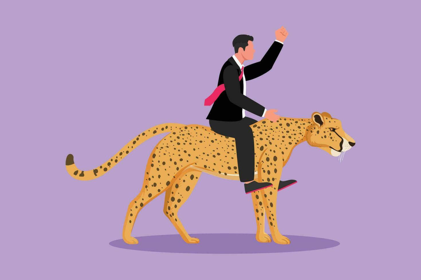 Character flat drawing of young businessman riding cheetah symbol of success. Business metaphor, looking at goal, achievement, leadership. Professional entrepreneur. Cartoon design vector illustration