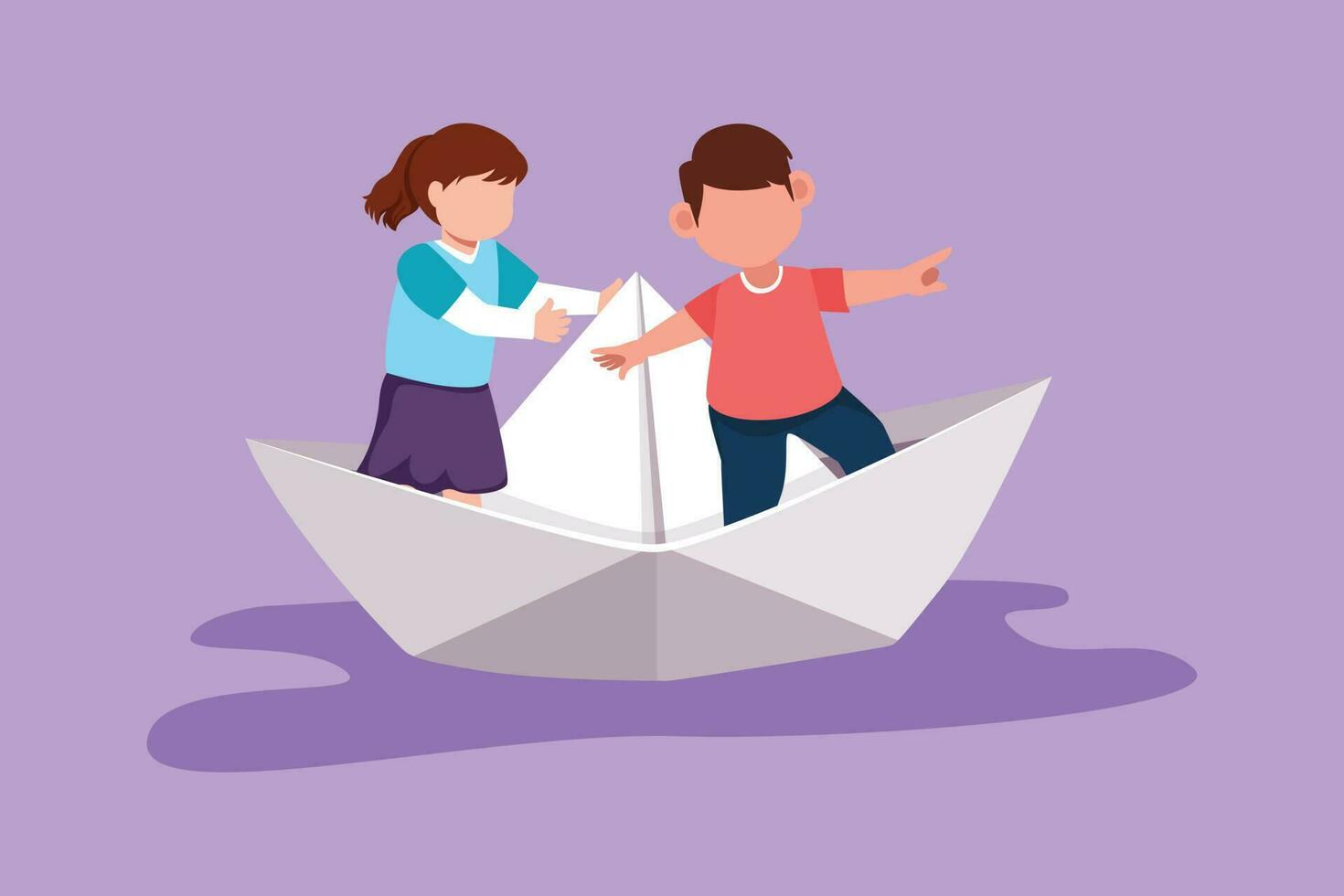 Graphic flat design drawing cute little boys and girls floating on paper boat on small lake at city park. Happy kids having fun and playing sailor in imaginary world. Cartoon style vector illustration