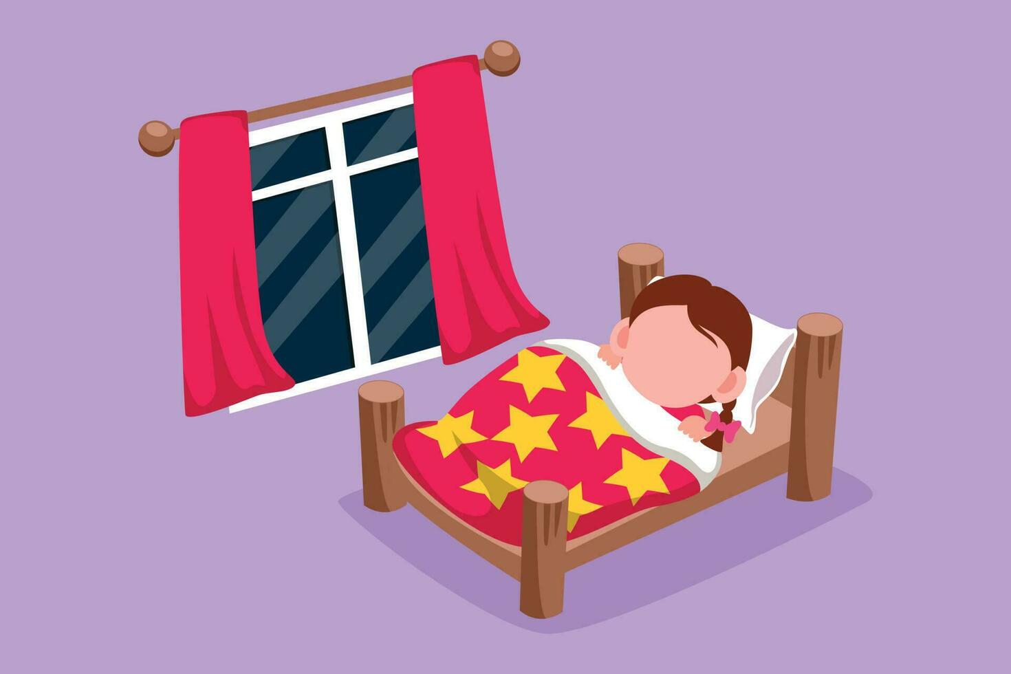 Cartoon flat style drawing cute little girl sleeping on tonight dreams, good night and sweet dreams. Happy little child sleep in bed room. Kid sleeping at cozy room. Graphic design vector illustration