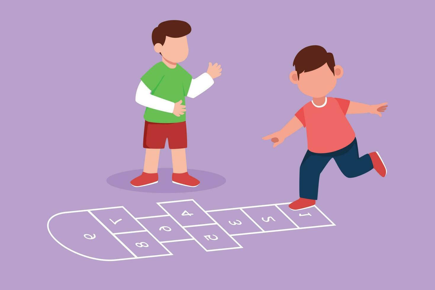 Graphic flat design drawing two little boys playing hopscotch at kindergarten yard. Kids playing hopscotch game at amusement park. Hop scotch court drawn with chalk. Cartoon style vector illustration