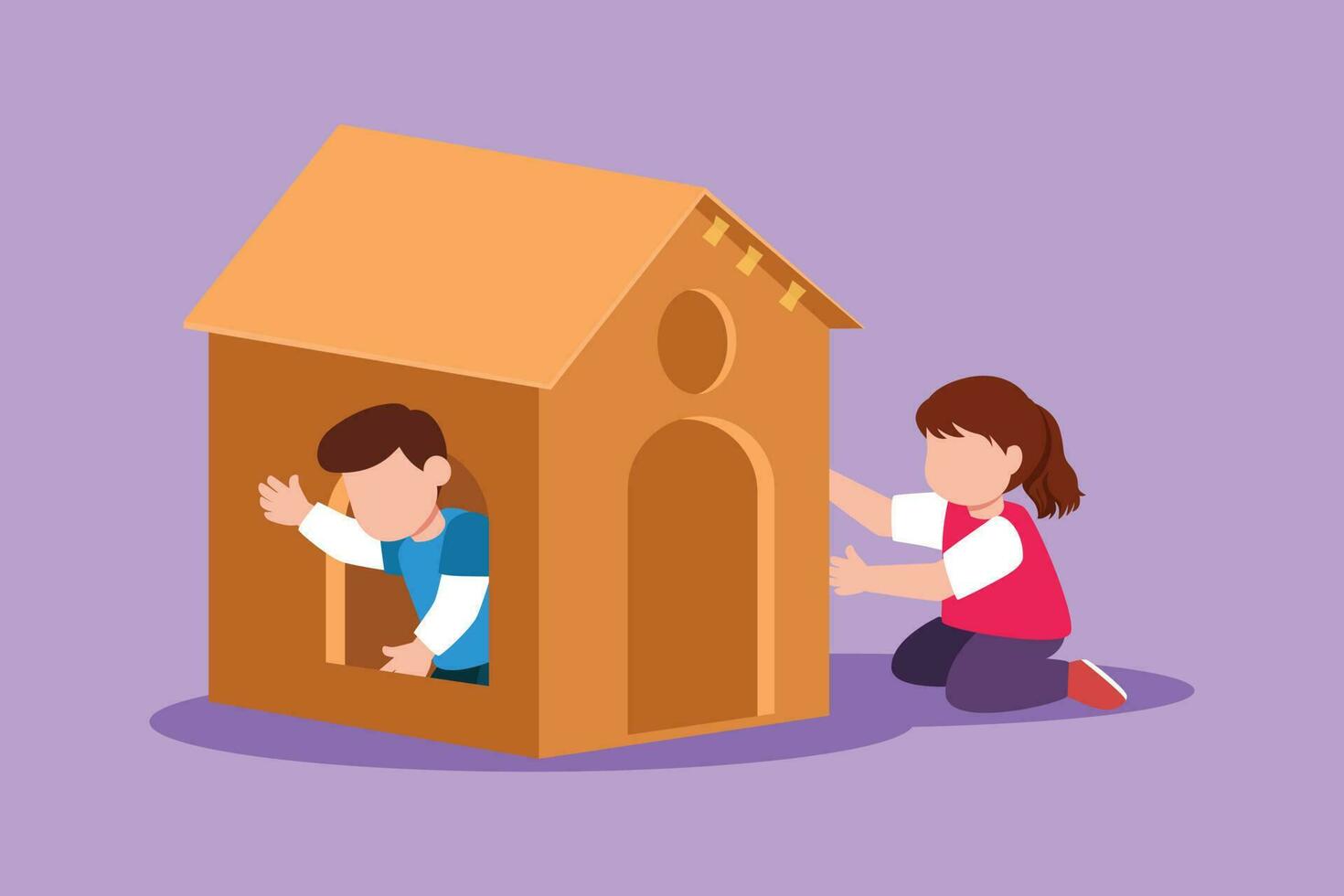 Graphic flat design drawing of kids playing cardboard box toy house together. Happy little boy and girl playing in and out of toy home. Children sitting in playhouse. Cartoon style vector illustration