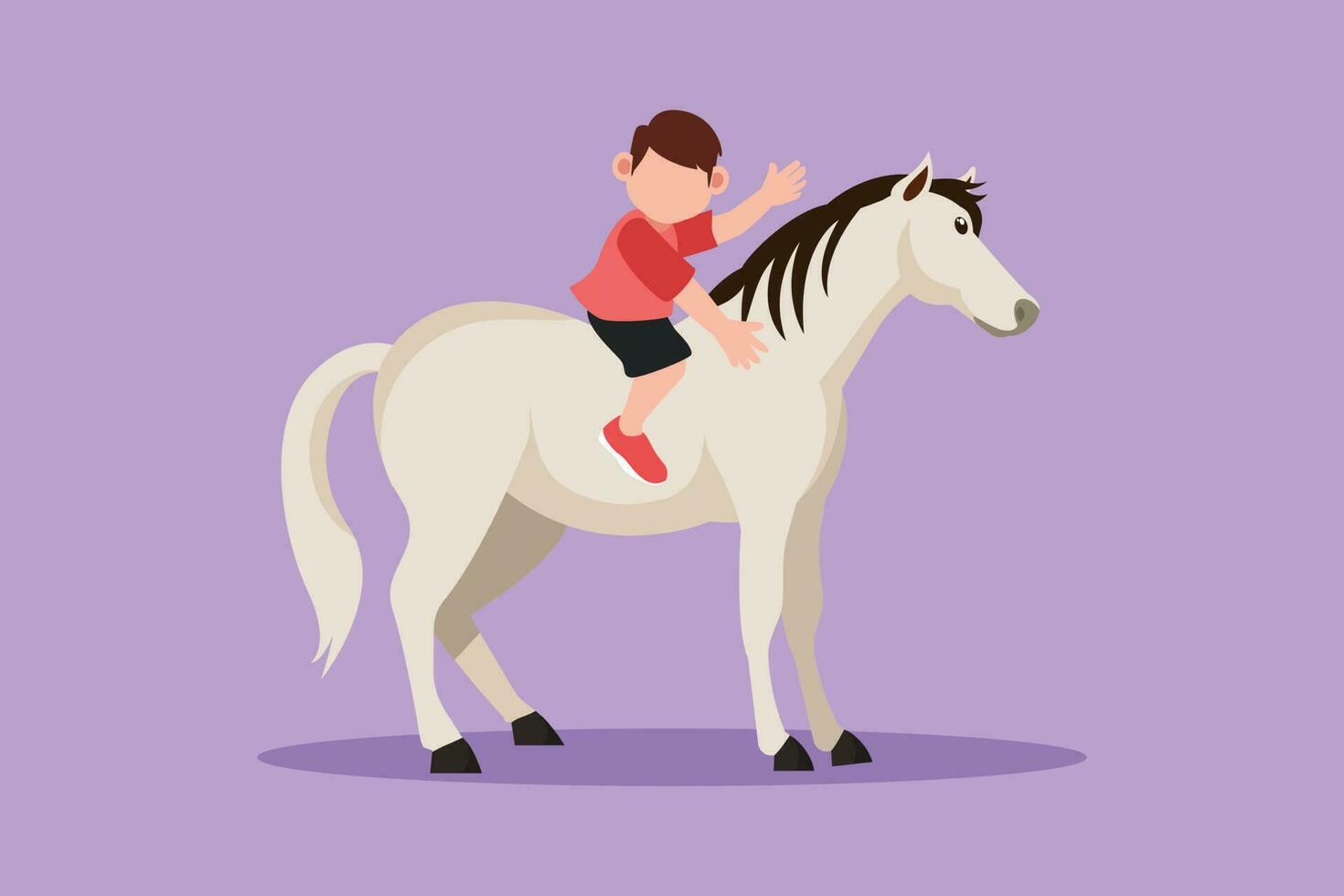 personaje plano dibujo adorable pequeño chico montando caballo a aldea. alegre niño sentado en espalda caballo con ensillar en rancho parque. contento niño aprendizaje a paseo caballo. dibujos animados diseño vector ilustración