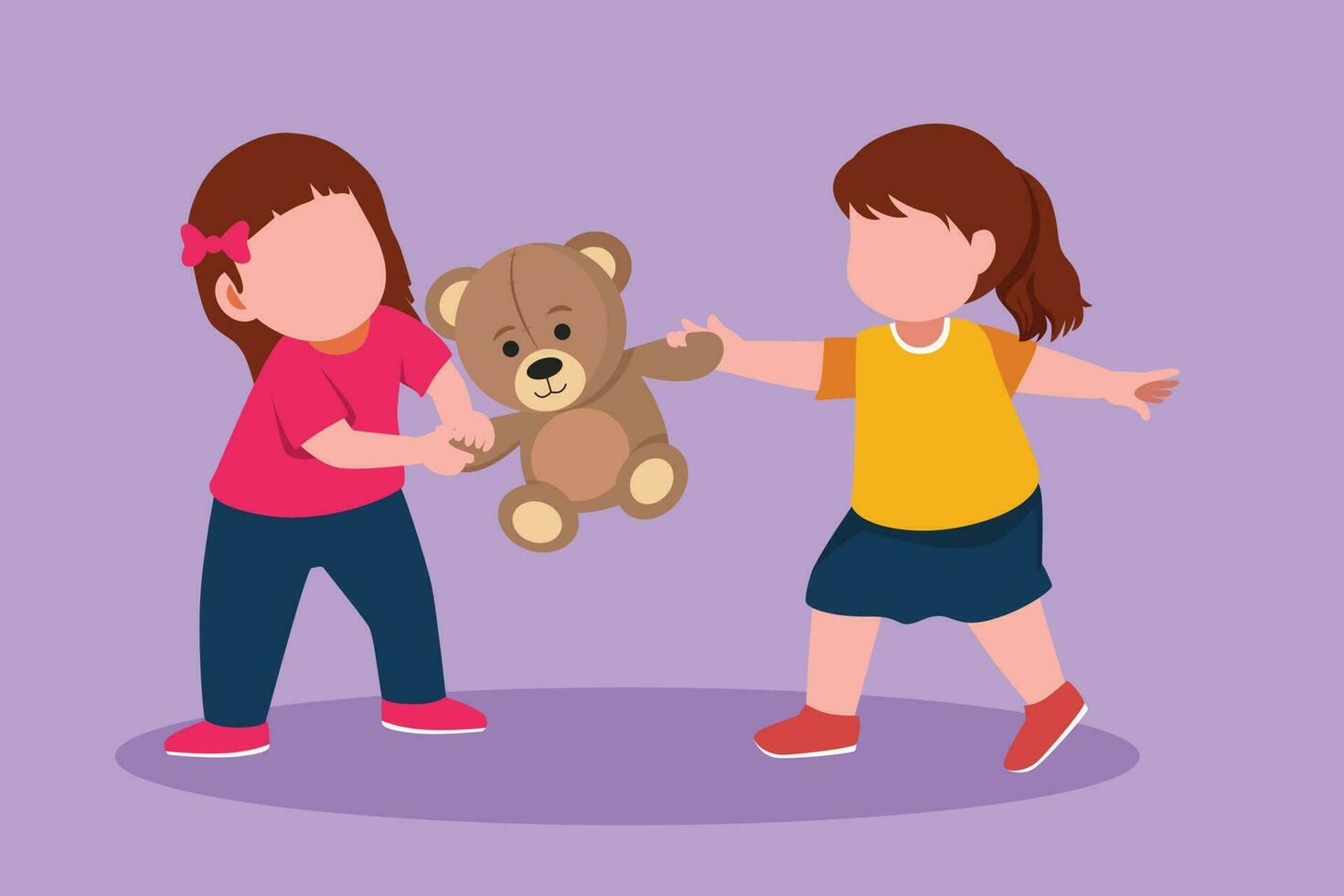 Character flat drawing two little girls fighting over a princess doll. Conflict between children at kindergarten. Kids sibling fighting in playroom because of toy. Cartoon design vector illustration