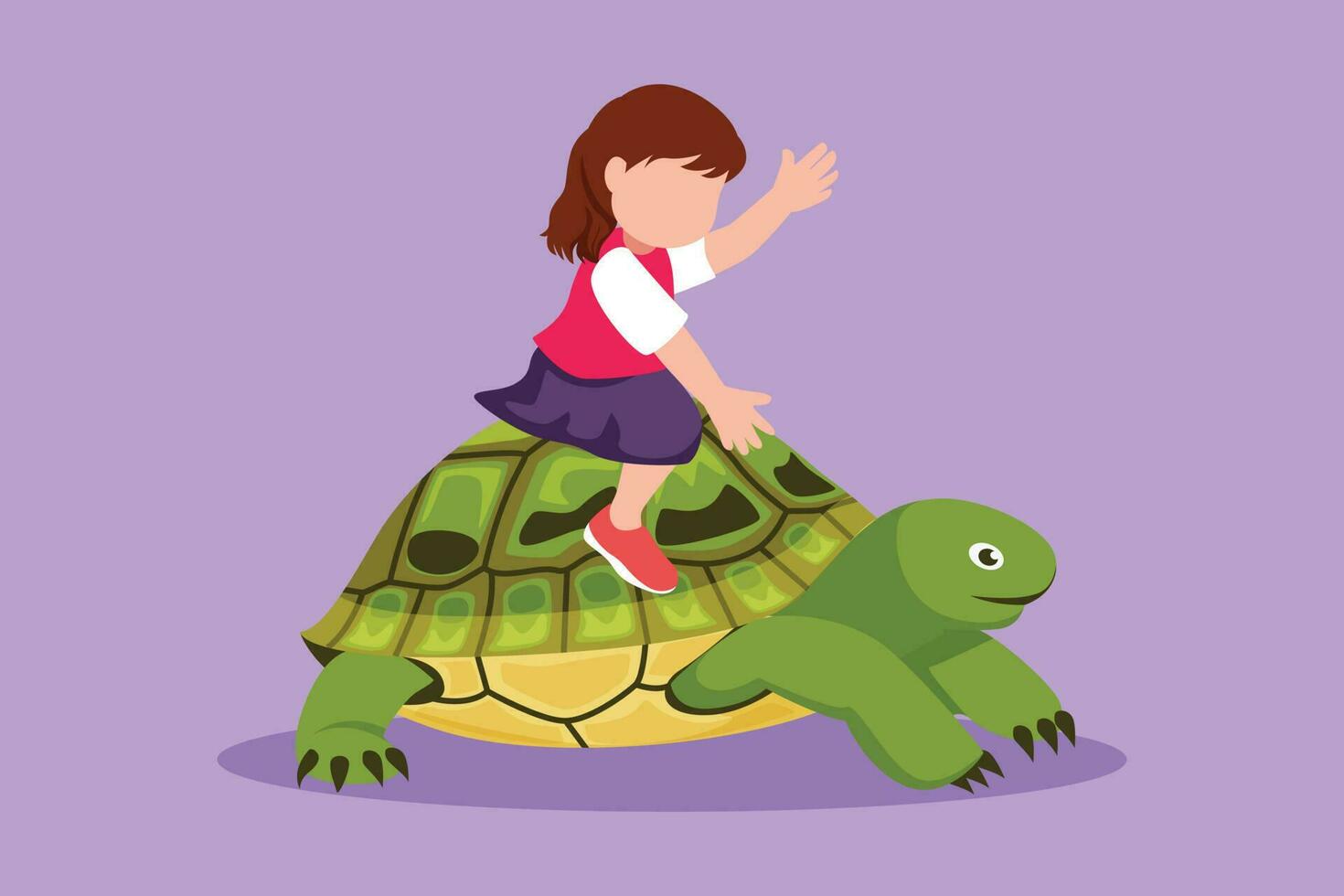 Cartoon flat style drawing adorable little girl riding sea turtle. Happy child sitting on back tortoise with fins diving in beach. Cute kids learning to ride turtle. Graphic design vector illustration