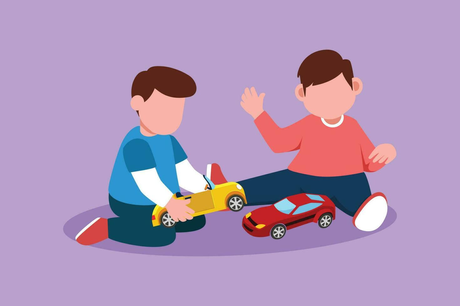 Cartoon flat style drawing two cute little boys playing with their toys cars. Adorable boy shows his toys to his friend. Happy kids playing together at playground. Graphic design vector illustration