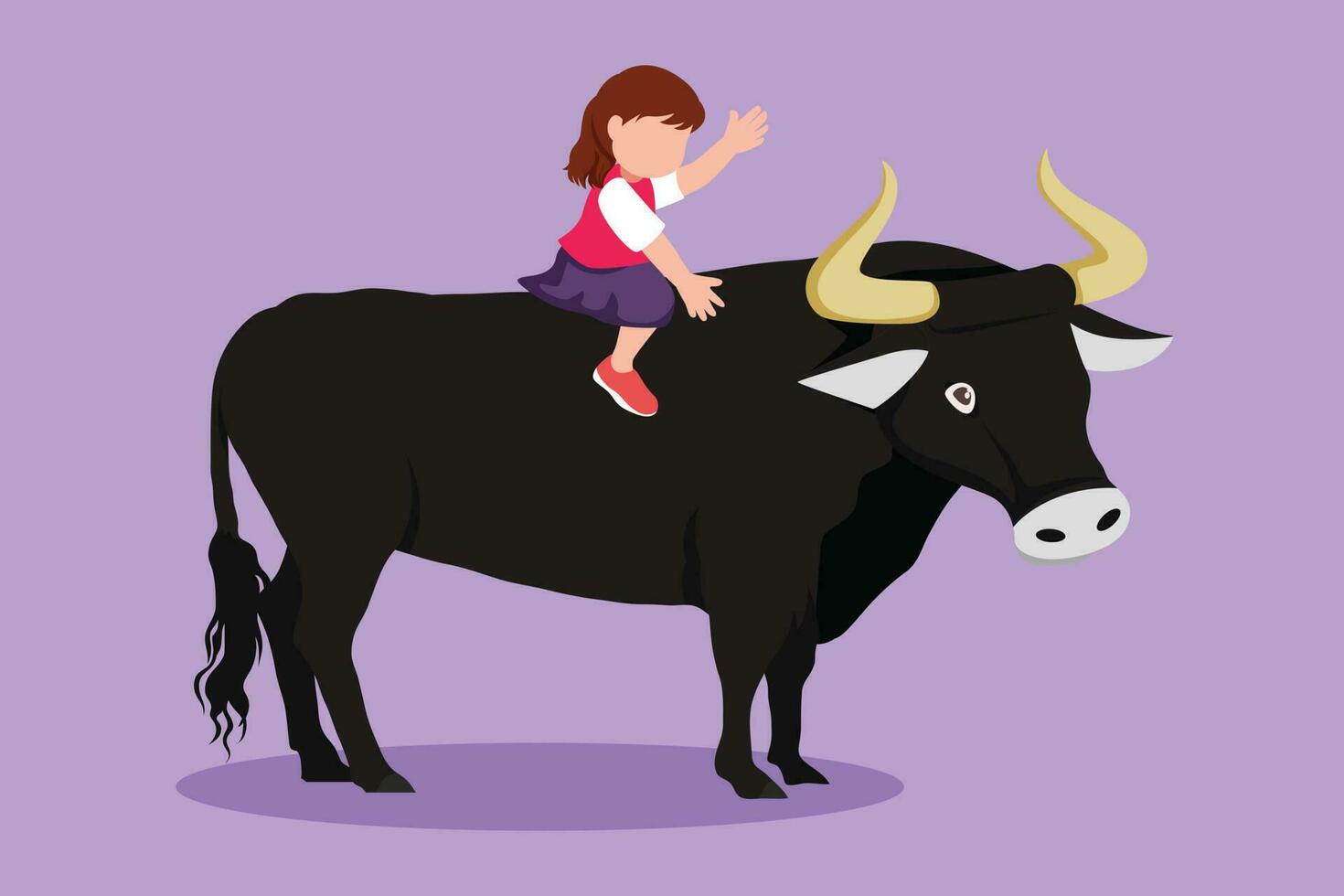 Character flat drawing bravery little girl riding bull at village meadow. Pretty child sitting on back bull with saddle in cowboy ranch. Kids learning to ride bull. Cartoon design vector illustration