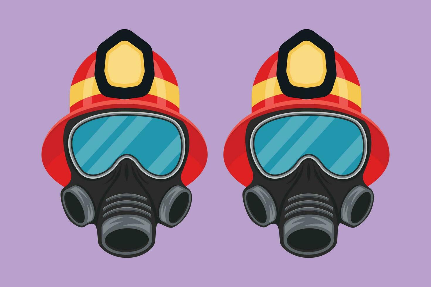 Character flat drawing firefighter protective helmet and gas respirator. Mask with glasses, air filters. Defense and protection against poisoning by fumes and smoke. Cartoon design vector illustration