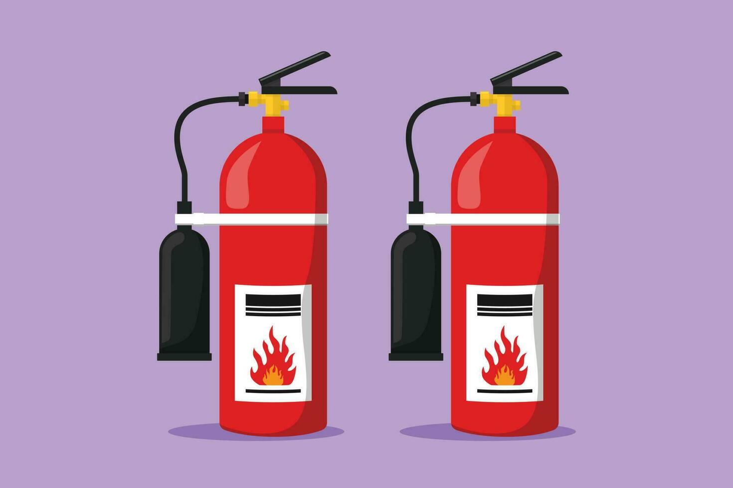 Cartoon flat style drawing stylized red fire extinguisher protection with nozzle logo label icon symbol. Portable fire extinguishing equipment from fire department. Graphic design vector illustration