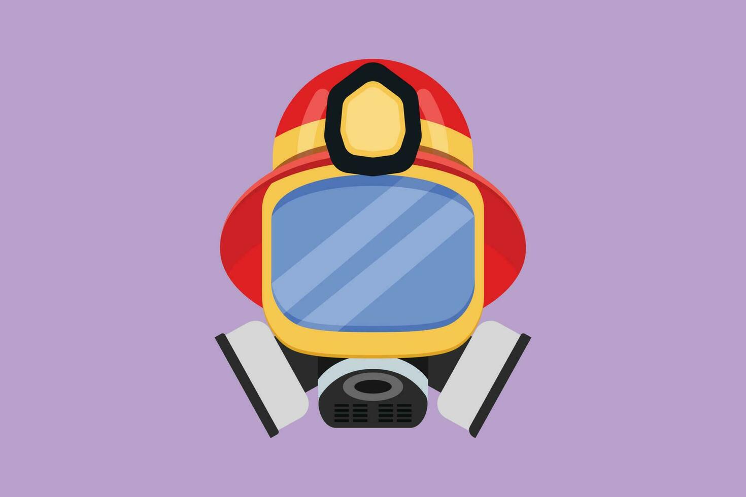 Graphic flat design drawing firefighter protective helmet and gas respirator. Firefighting equipment, mask with glasses and air filters. Protection against poisoning. Cartoon style vector illustration