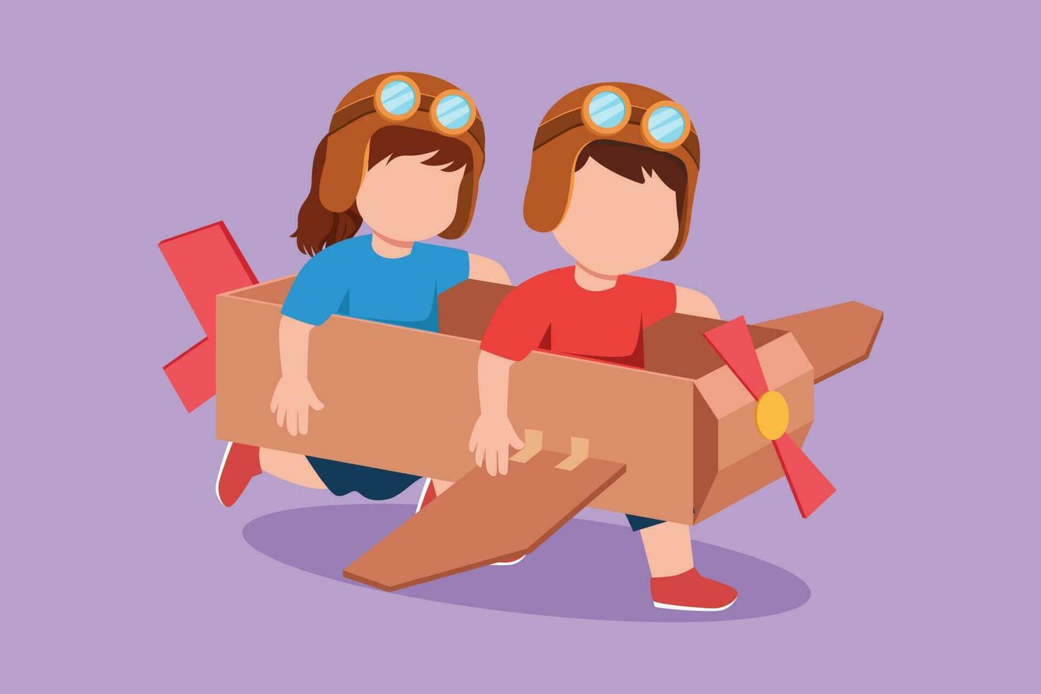 gráfico plano diseño dibujo creativo niños jugando como piloto con cartulina avión. niños montando hecho a mano avión. pequeño chico y niña jugando avión juego piloto. dibujos animados estilo vector ilustración