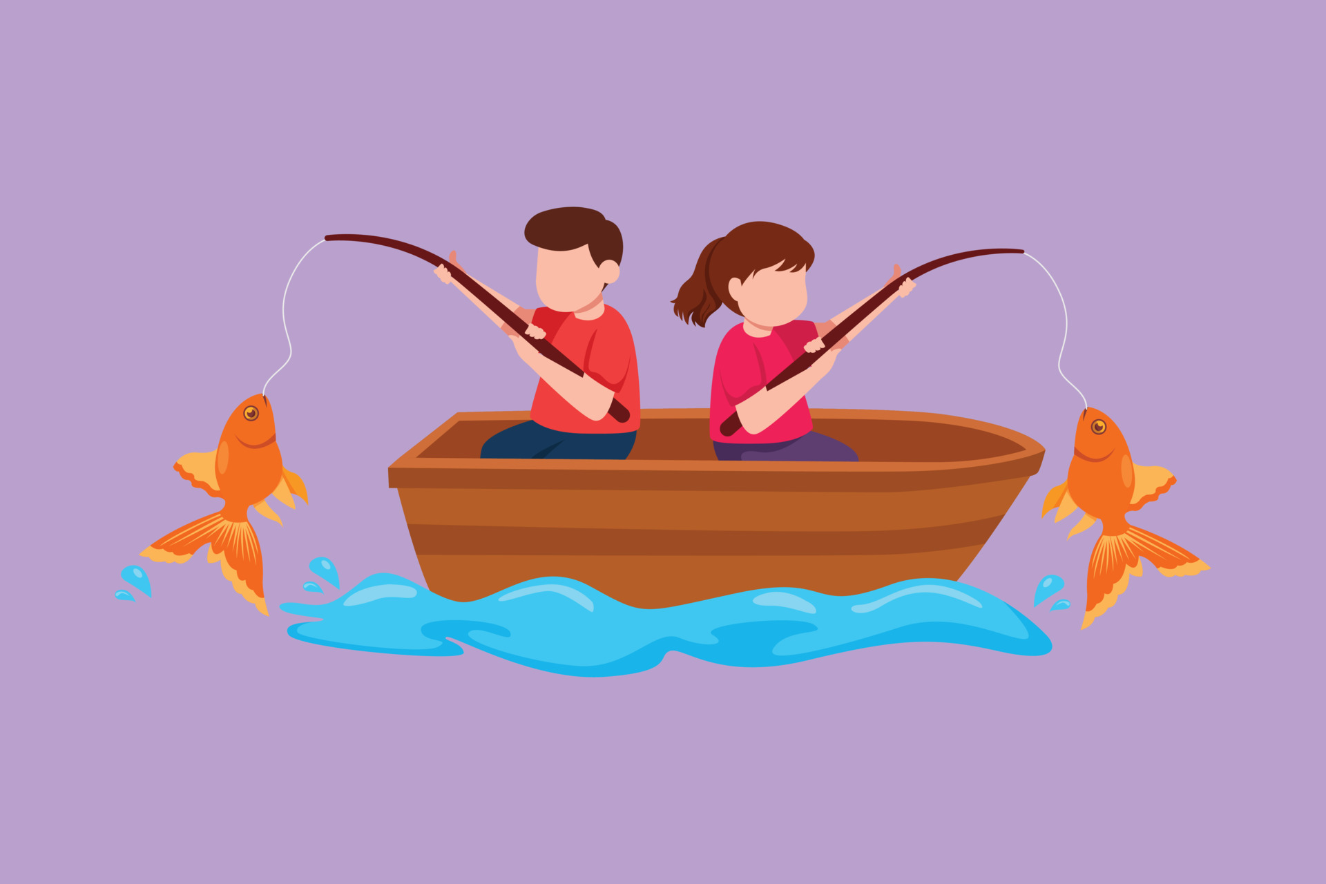 Cartoon flat style drawing smiling little boys and girls fishing together  on boat. Happy children fishing on boat out in the sea. Adorable fisher kids  at small lake. Graphic design vector illustration