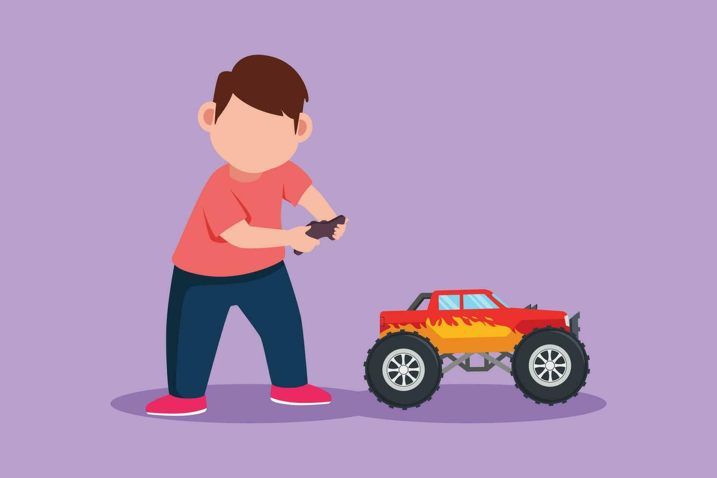 Character flat drawing of cheerful little boy playing with remote controlled monster truck toys. Kids playing with electronic toy truck with remote control in hands. Cartoon design vector illustration