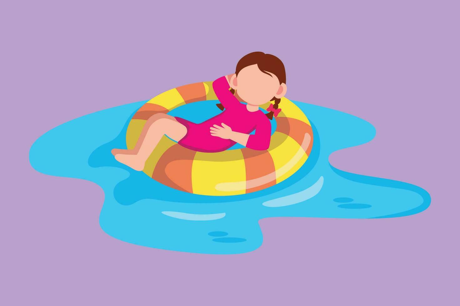 dibujos animados plano estilo dibujo linda pequeño niña flotante con boya salvavidas con relajarse poses vistiendo playa, nadando atuendos contento niños sensación contento mientras utilizando neumático boya. gráfico diseño vector ilustración