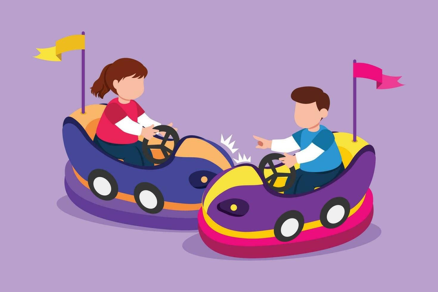 Graphic flat design drawing cheerful children driving bumper car. Happy