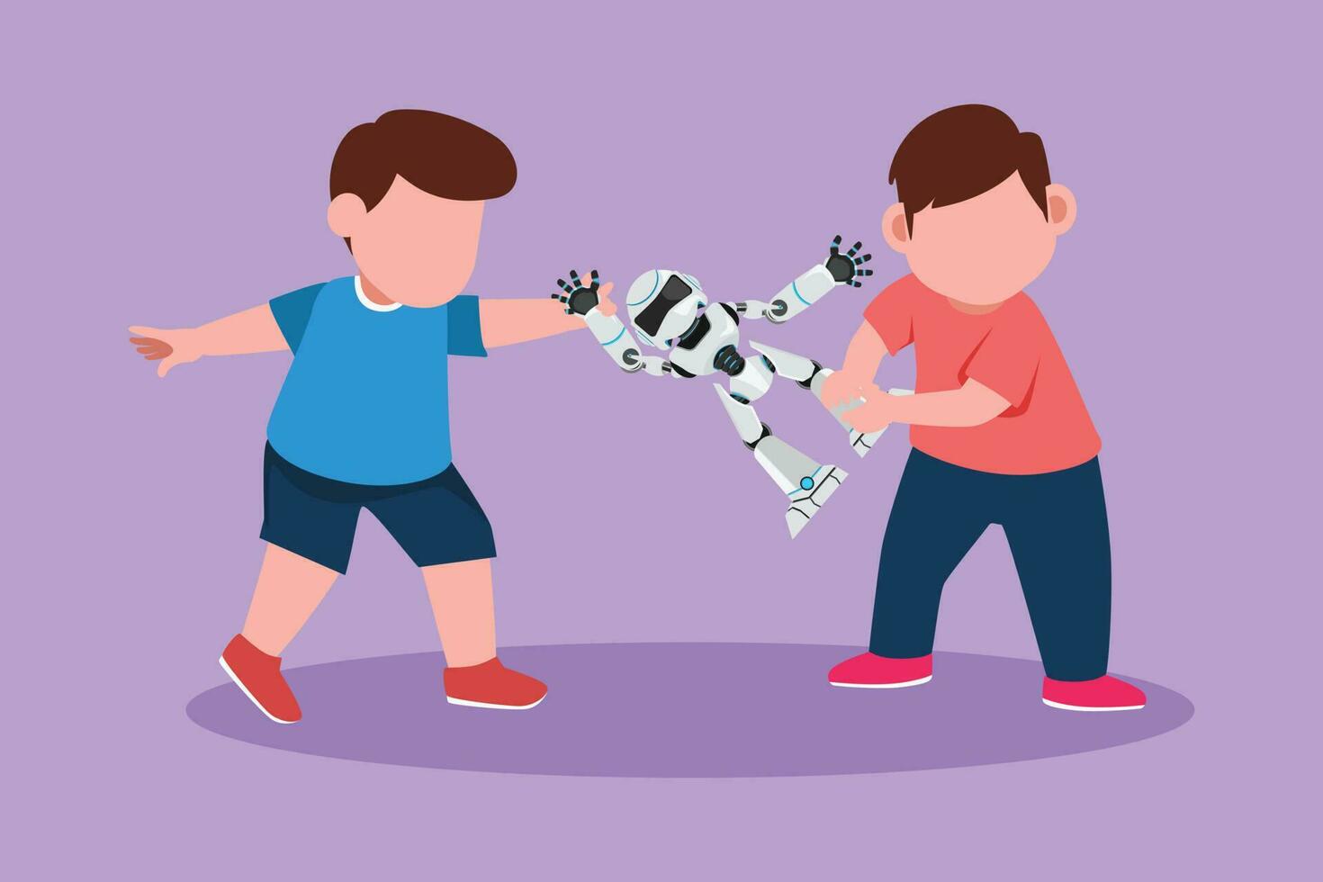 Character flat drawing two little boys fighting over a robot toys. Conflict between children at playground. Angry kids sibling fighting in playroom because of robot. Cartoon design vector illustration