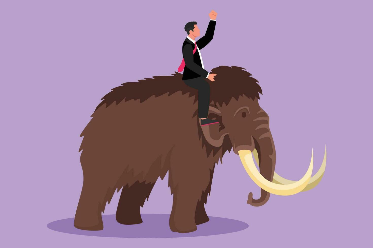 Cartoon flat style drawing of young businessman riding huge dangerous mammoth. Professional entrepreneur male character fight with predator. Successful business man. Graphic design vector illustration