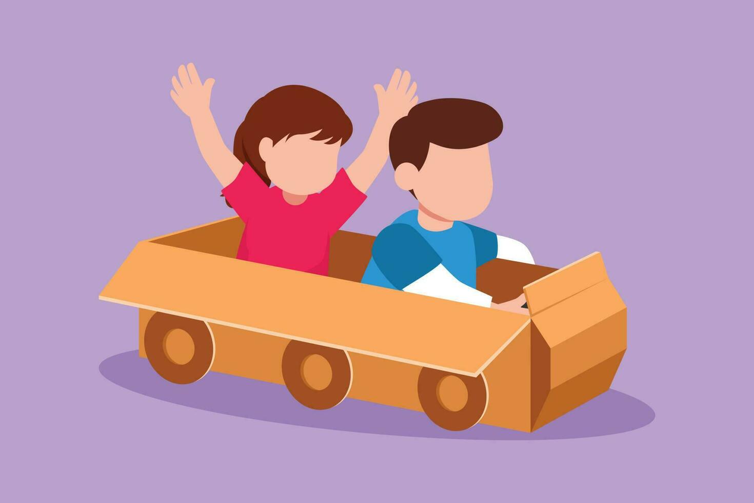 Cartoon flat style drawing little boy and girl driving with cardboard car. Happy child ride on toy car made of cardboard. Creative kids plays with her cardboard car. Graphic design vector illustration