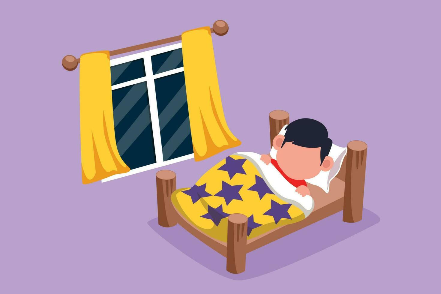 Cartoon flat style drawing cute little boy sleeping on tonight dreams, good night and sweet dreams. Happy little child sleep in bed room. Kids sleeping at cozy room. Graphic design vector illustration