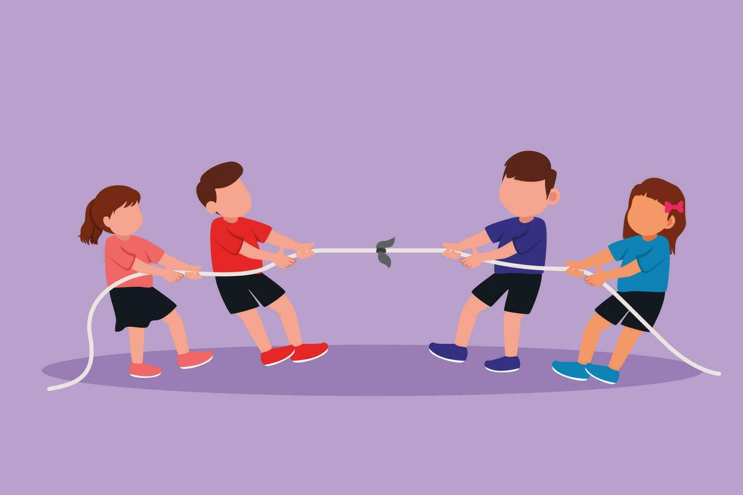 Cartoon flat style drawing group of children playing tug of war at playground. Happy kids playing tug of war at park. Girls and boys pull rope, outdoor child games. Graphic design vector illustration