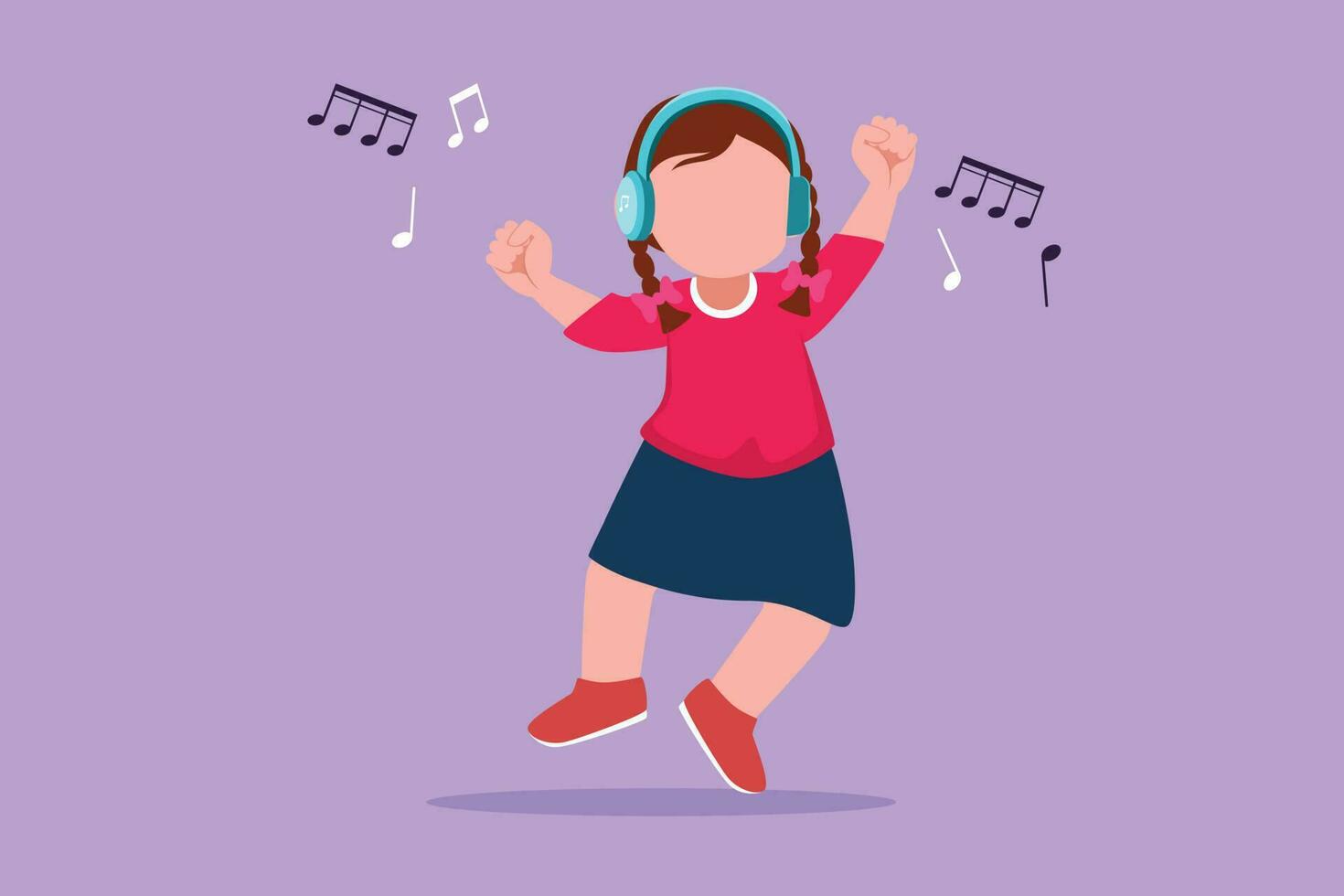 dibujos animados plano estilo dibujo bonito pequeño niña escuchando a música con auriculares en su cabeza. niños vistiendo auriculares y auriculares, escuchando a música y baile. gráfico diseño vector ilustración