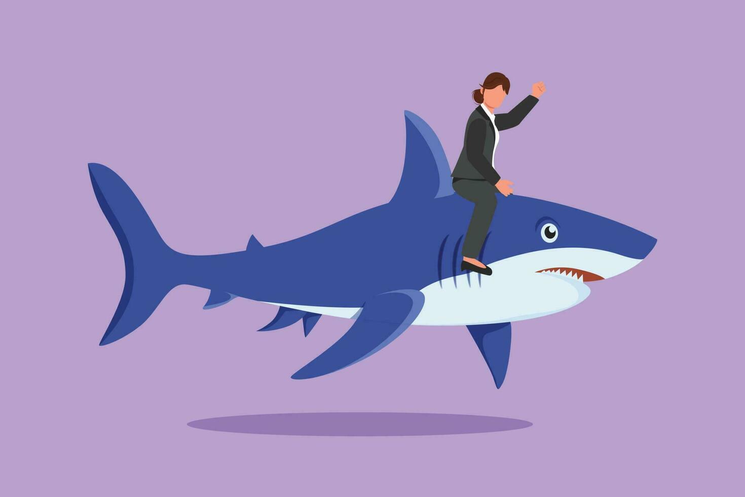 Character flat drawing of brave businesswoman riding huge dangerous shark. Professional entrepreneur female character. Successful business woman. Business metaphor. Cartoon design vector illustration