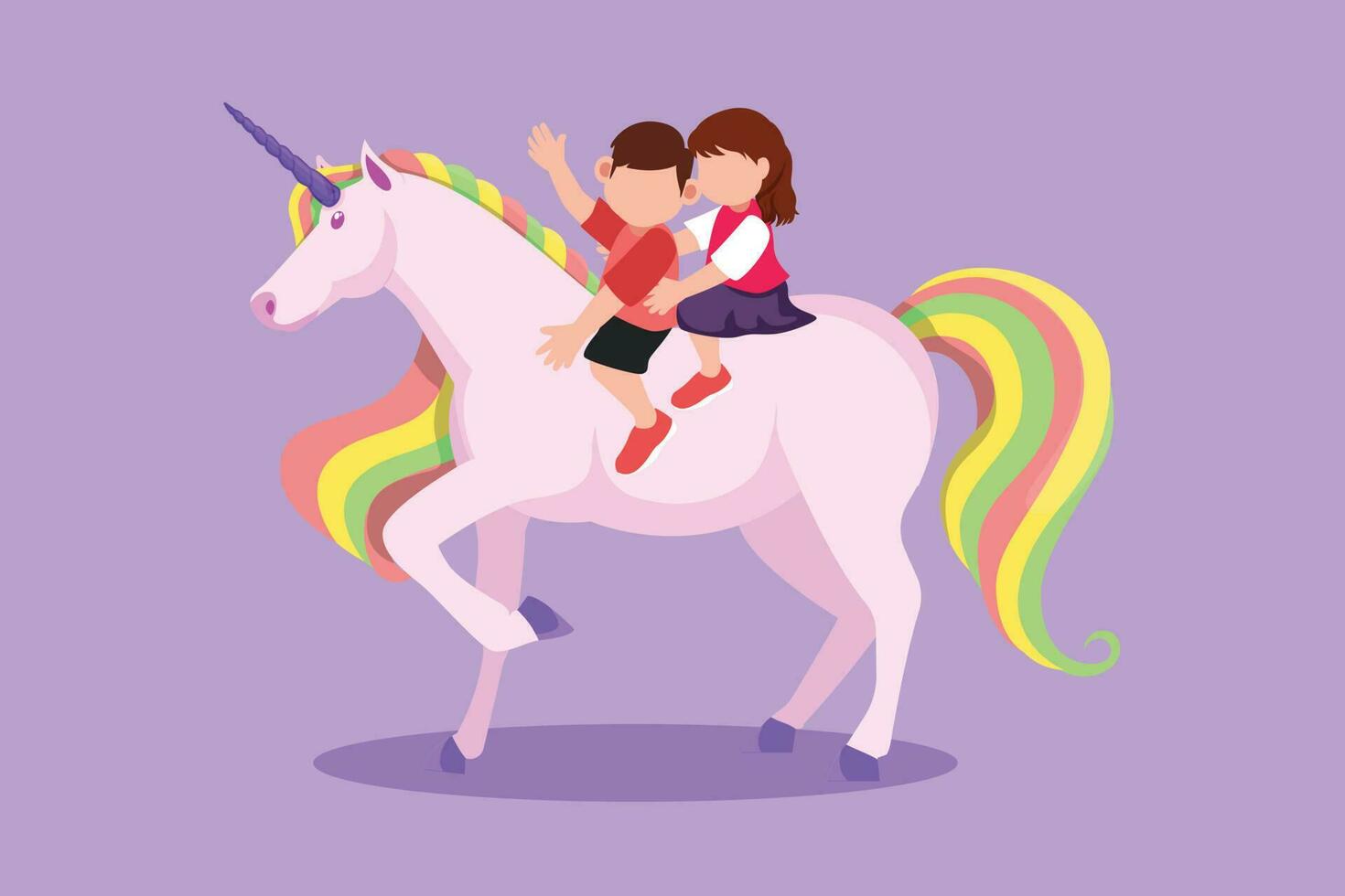 Cartoon flat style drawing of happy little boy and girl riding unicorn together. Children sitting on back unicorn in fairy tale dream. Kids learning to ride unicorn. Graphic design vector illustration