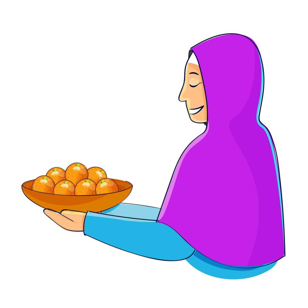 Side View Of Islamic Woman Holding Laddu Plate On White Background. vector