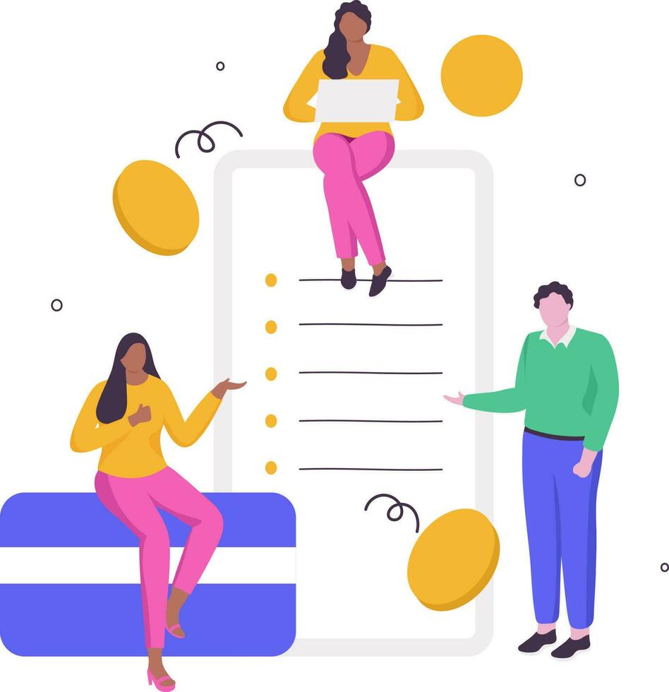Vector Illustration Of Business People Or Employee Working Together At Workplace With Coins, Payment Card, Smartphone Screen On White Background.