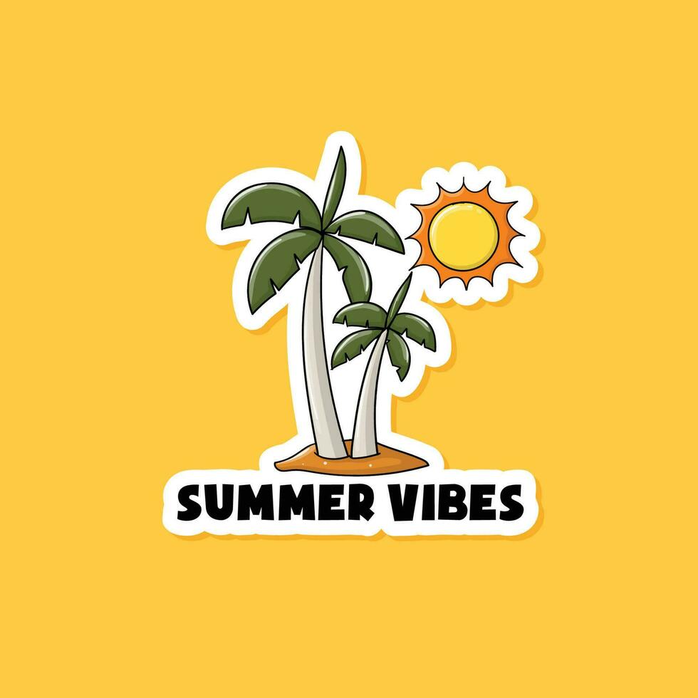 Colorful hand drawn summer vibes with palm tree and sun sticker vector