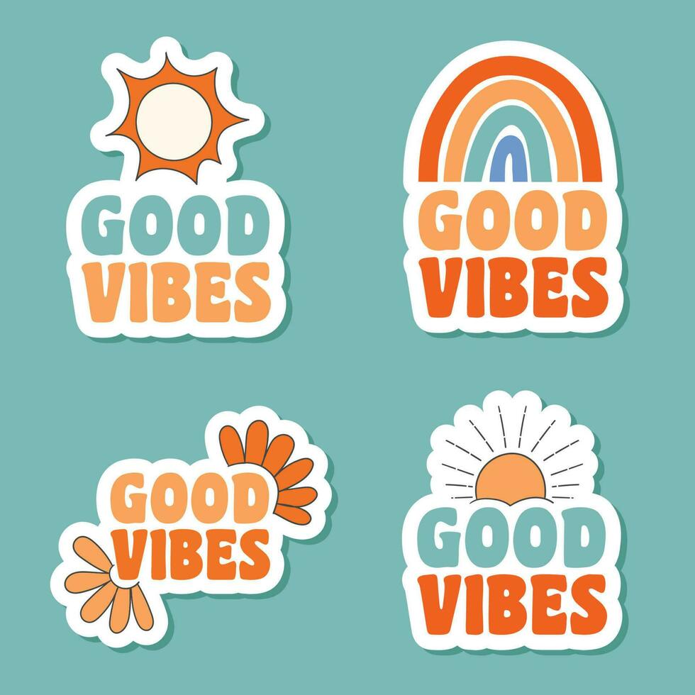 Colorful hand drawn good vibes stickers collection vector