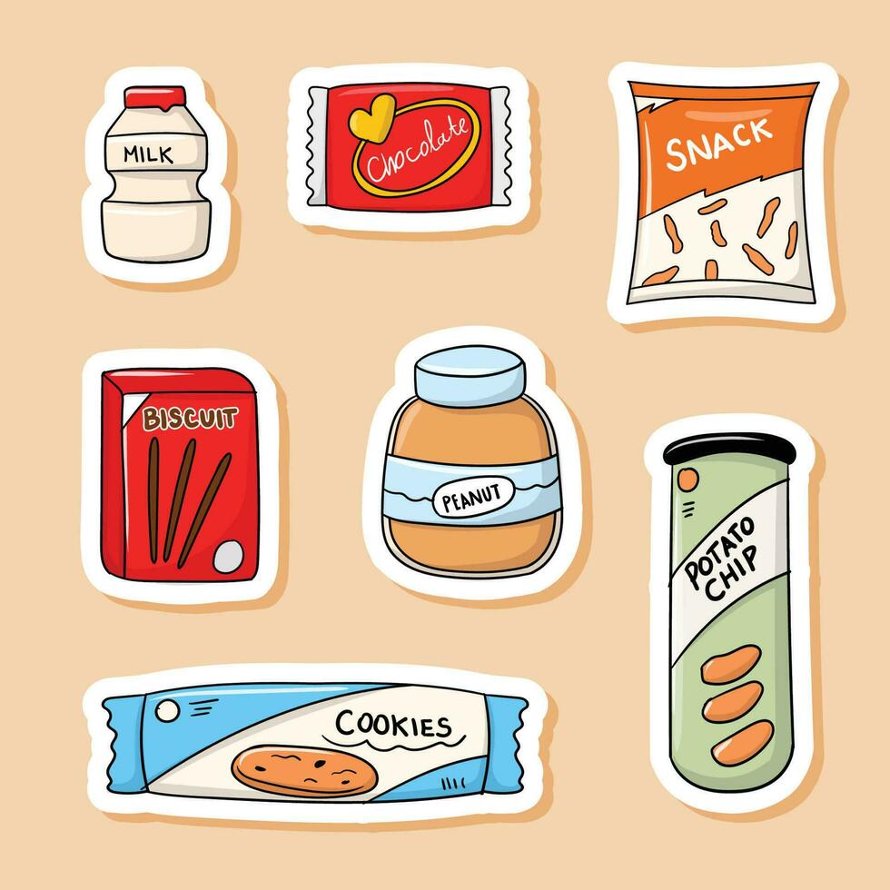 Colorful hand drawn snack stickers collection vector