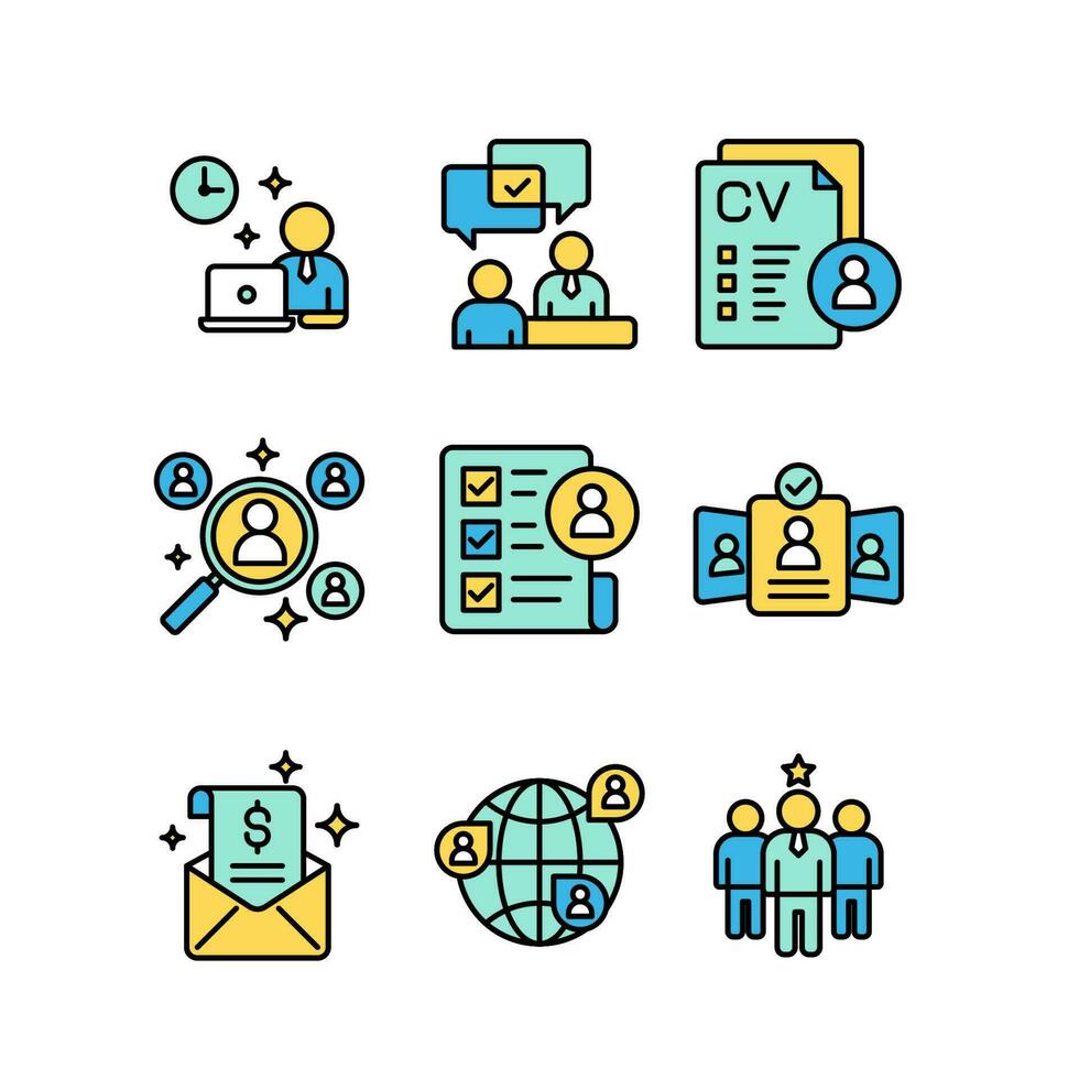 Recruitment and employee icon sheets design. HR human resources colored line style icon set vector