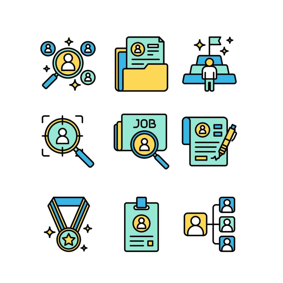 Recruitment and employee icon sheets design. HR human resources colored line style icon set vector