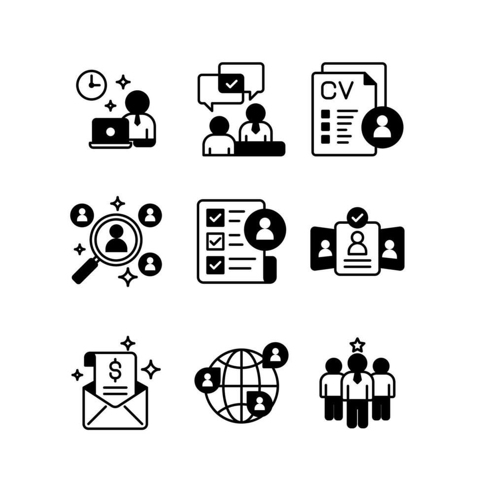 Recruitment and employee icon sheets design. HR human resources glyph style icon set vector