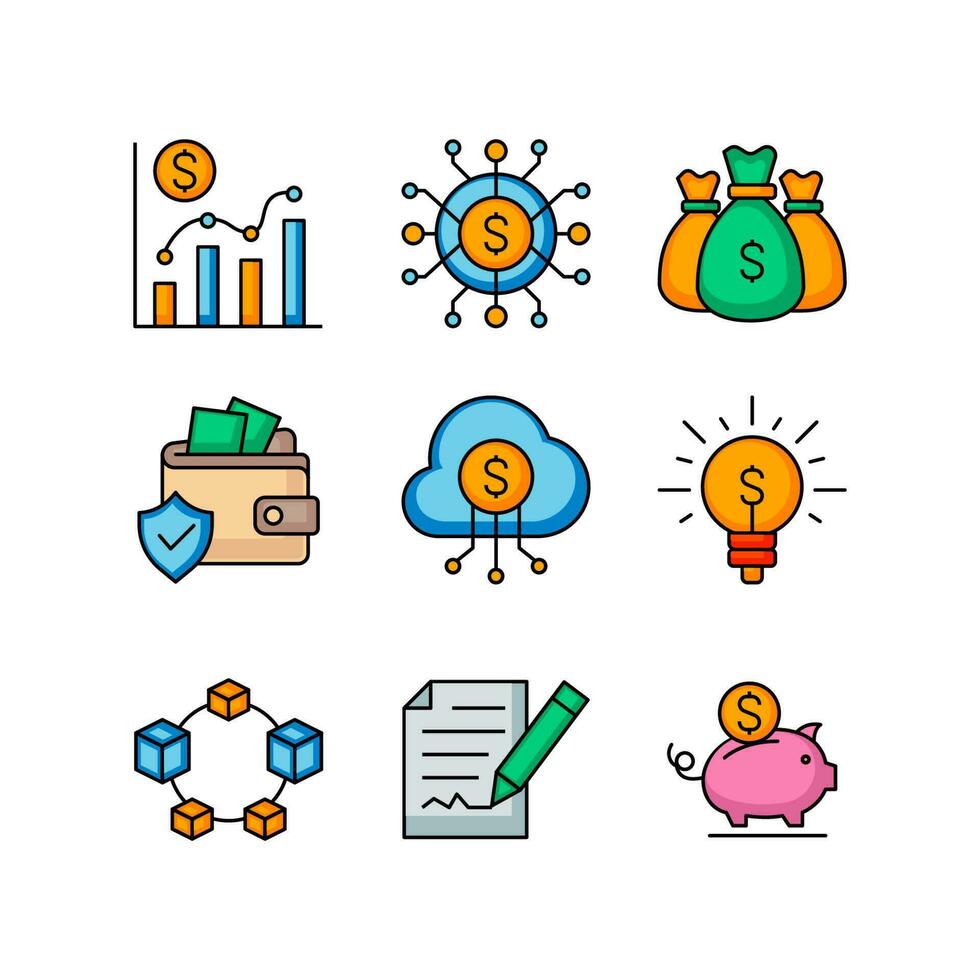 Business and Financial Icons Set Design. Fintech icon design in outline colored icon style vector