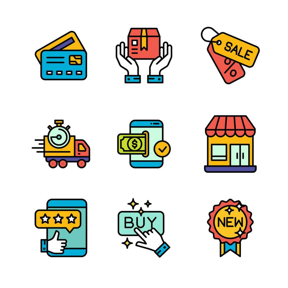 Ecommerce and Shopping Icons Set in Colored Outline Style Icon vector