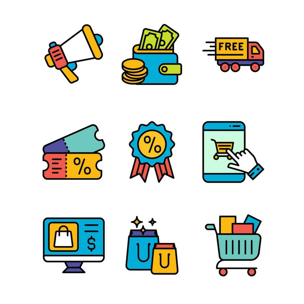 comercio electrónico y compras íconos conjunto en de colores contorno estilo icono vector