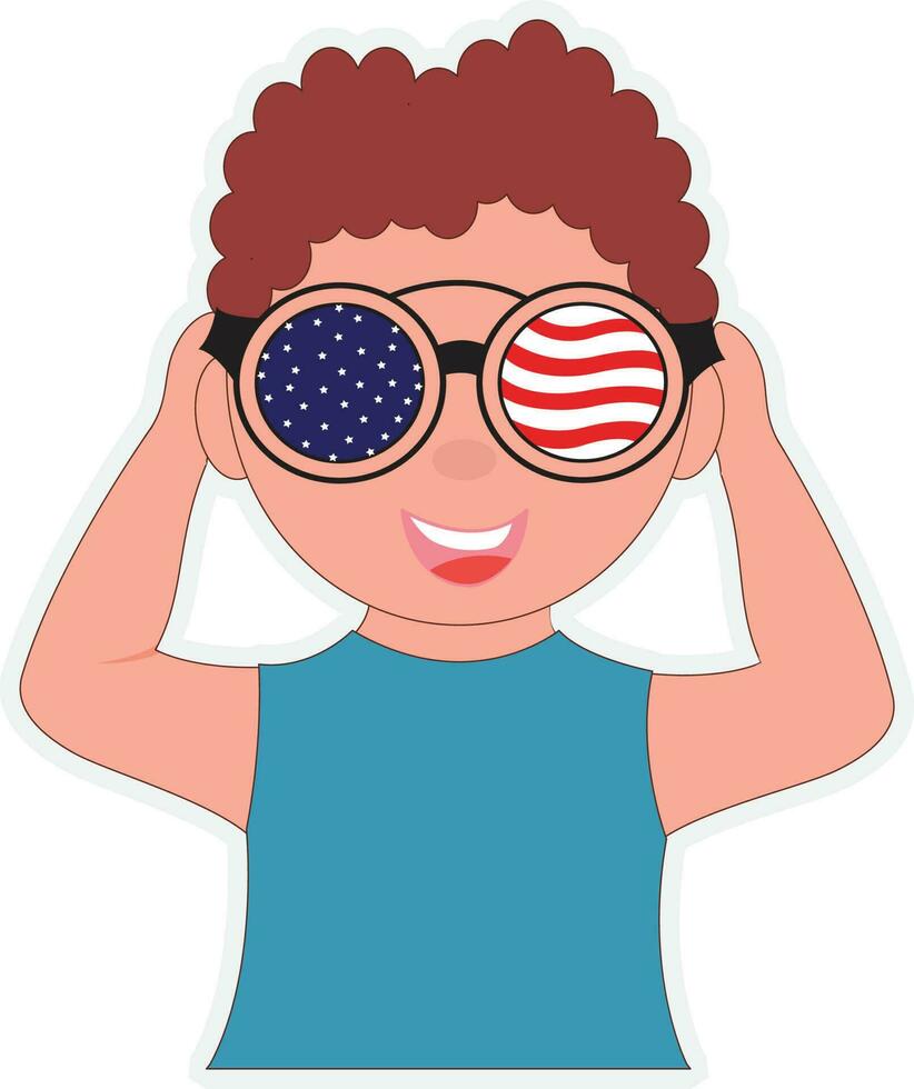 contento pequeño chico vistiendo americano bandera lentes y manos en cabeza pegatina vector. vector