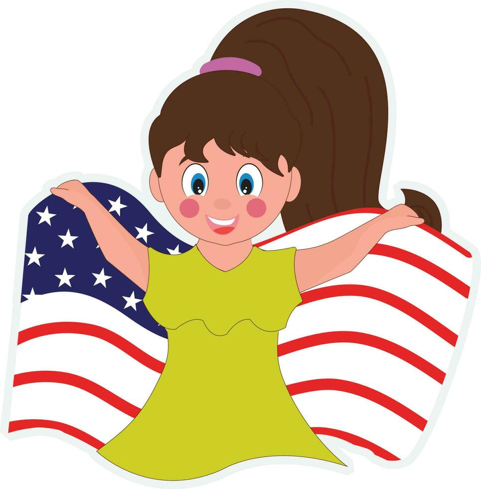 Sticker Style Cheerful Girl Holding Waving American Flag Over Background. vector