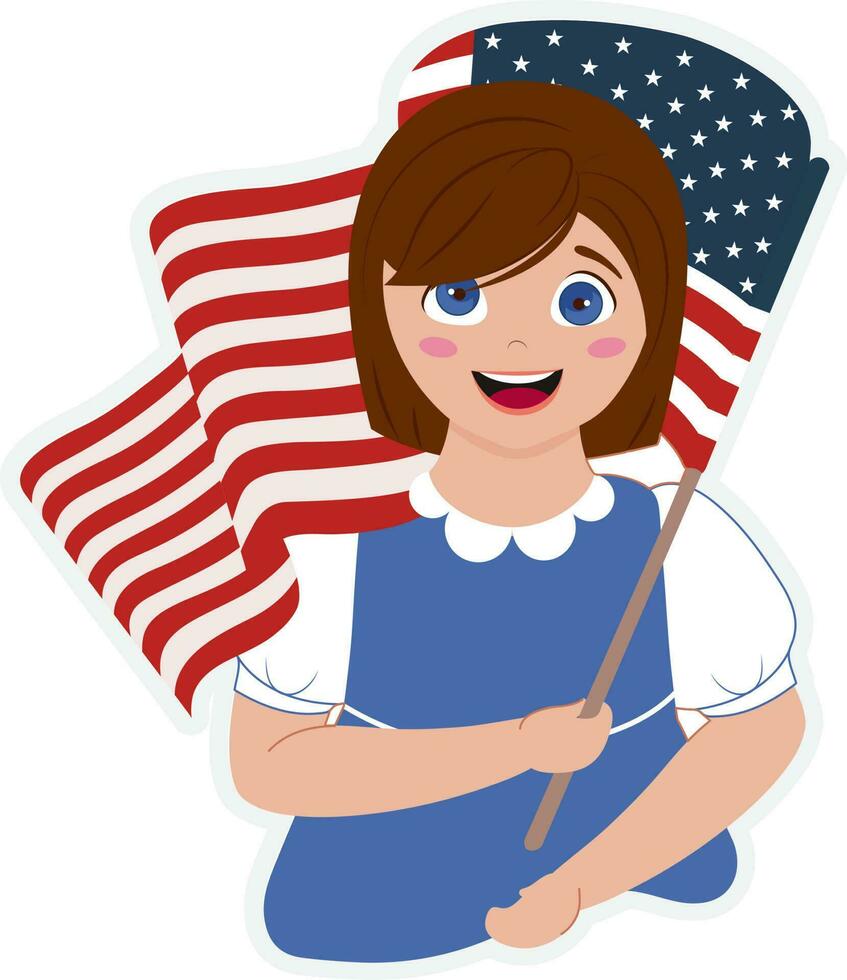 Illustration Of Sticker Style Cheerful Girl Holding American Flag. vector