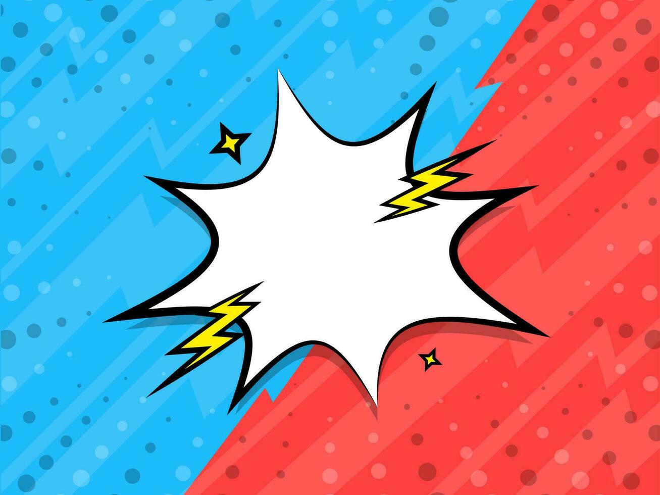 Blank Starburst Frame With Lightning Bolts On Blue And Red Dotted Background. vector