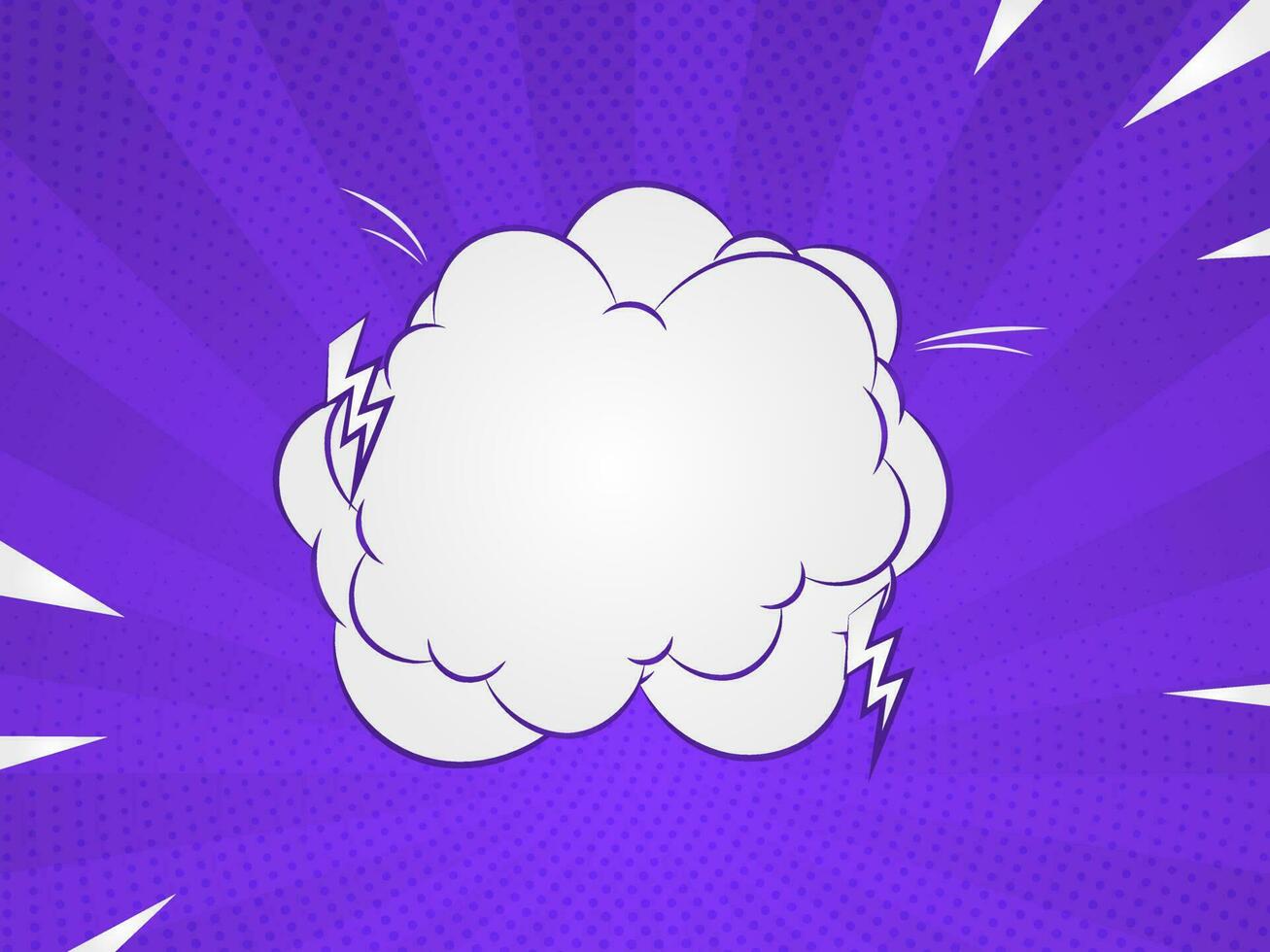 Comic Cloud Frame With Lightning Bolts On Purple Rays Dotted Background And Space For Text Message. vector