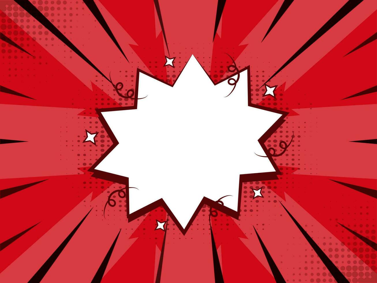 Empty Starburst Frame With Halftone Effect On Red Lightning Bolts Rays Background. vector