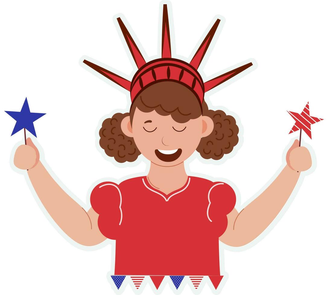 Sticker Style Statue Liberty Hat Wearing Cheerful Girl With Holding Fireworks Stick . vector