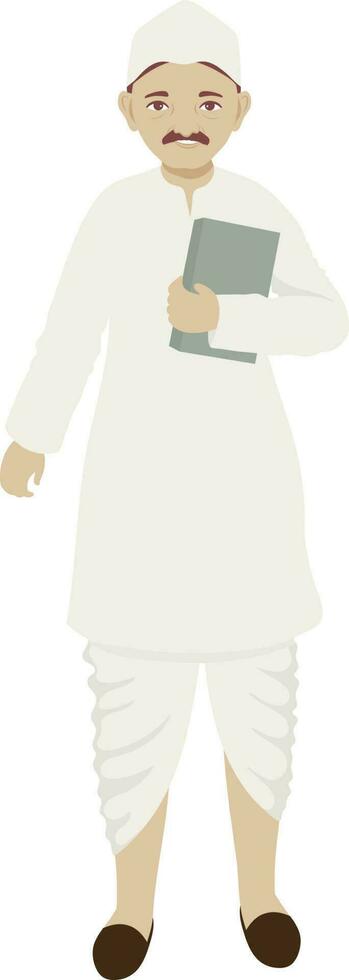 Portrait Of Indian Man Holding Book In Dhoti And Kurta On White Background. vector