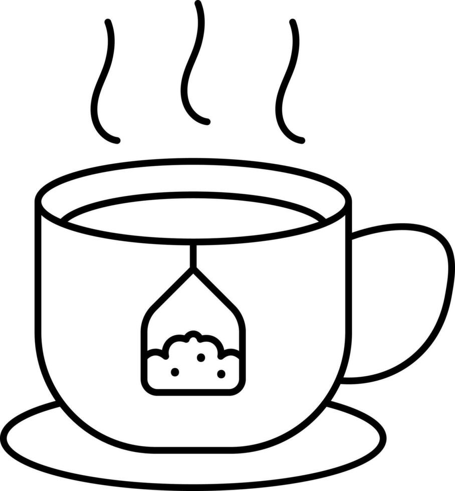 Tea Bag In Hot Cup With Plate Icon In Black Line Art. vector