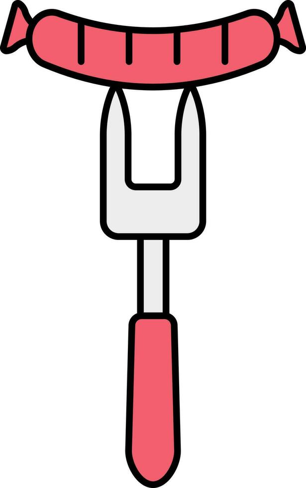 Sausage On Fork Icon In Red And Gray Color. vector