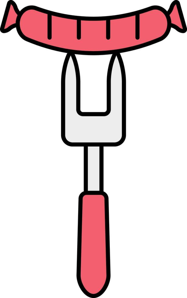 Sausage On Fork Icon In Red And Gray Color. vector